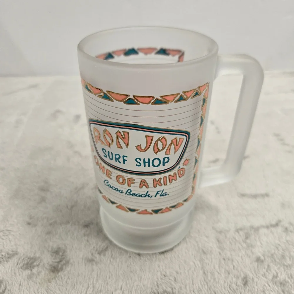 Ron Jon Surf Shop Frosted Glass Beer Mug One of a Kind Cocoa Beach Florida Logo